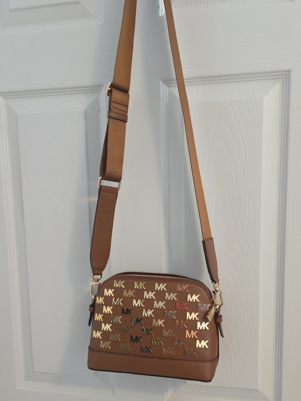 Michael Kors Tan MK Logo Crossbody Bag with Gold Accents